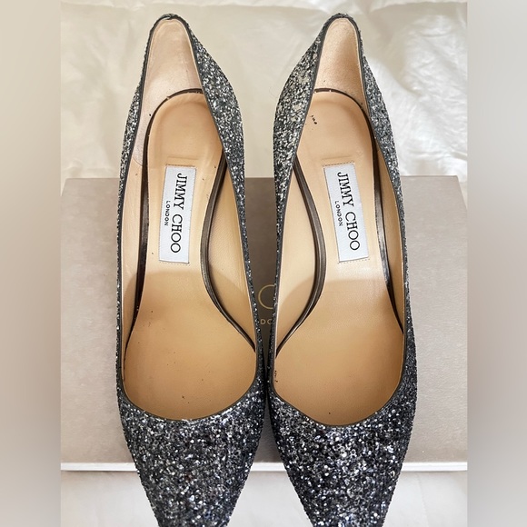 Jimmy Choo Romy 60 Silver and Blue Ombré Glitter Pointy Toe Pumps $190 - Picture 4 of 13